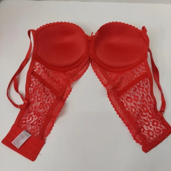 Bra Size 36C Underwire Molded Cup Red Demi Cup Lace Leopard Print Rhinestone - Picture 6 of 10